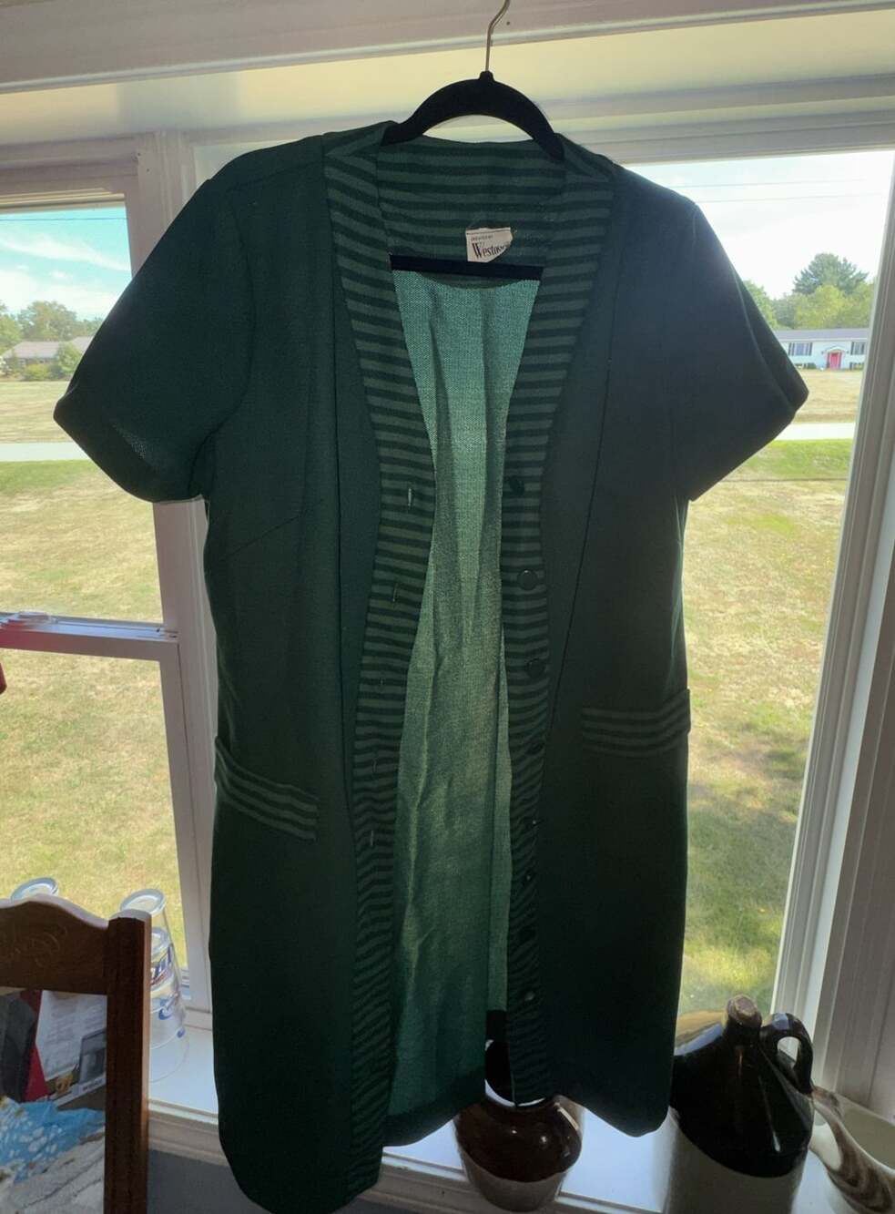 Vintage Westover New York Green Knit Short Sleeve Button Front House Coat Dress